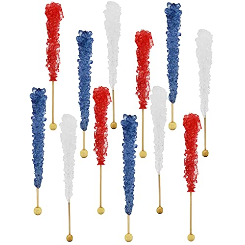 USA Patriotic Rock Candy Lollipops Red, White, & Blue Pops Candy Suckers, Color and Flavor Assortment, Individually Wrapped, 6.5"